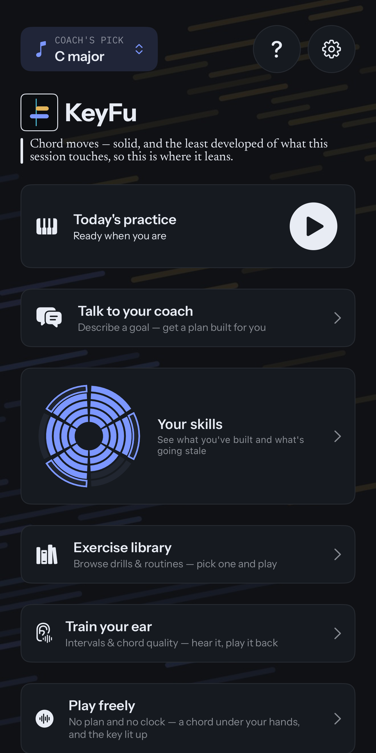 The KeyFu dashboard: today’s key, a line from the coach on why today leans on chord moves, then Today’s practice, Talk to your coach, Your skills, Exercise library, Train your ear and Play freely