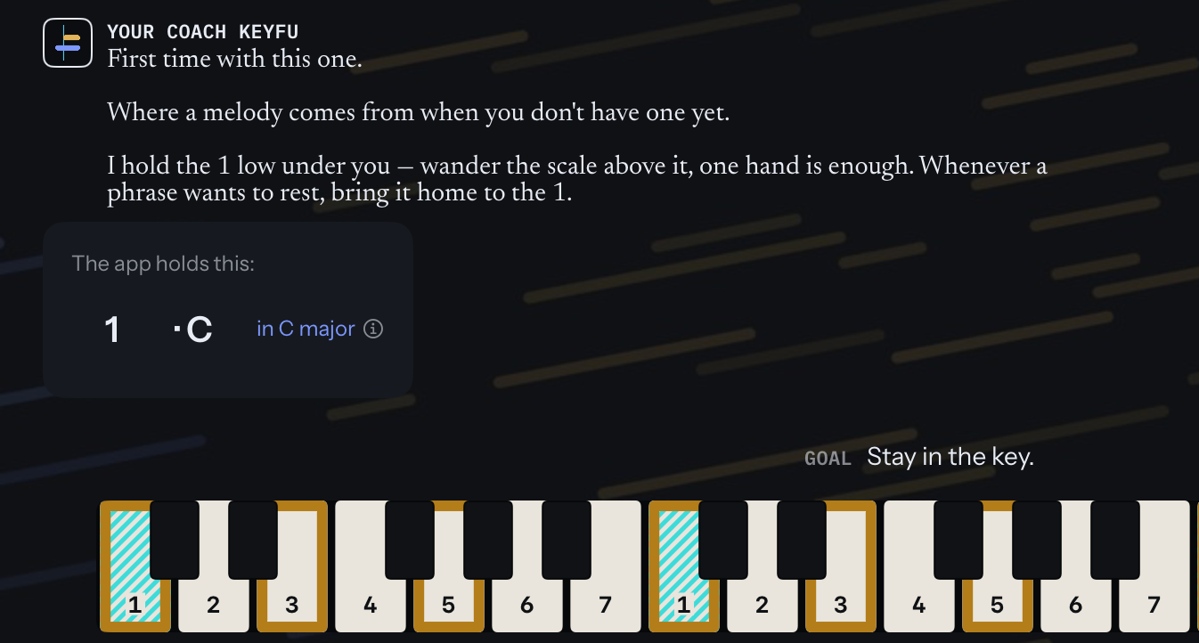 Play freely: a card reads The app holds this: 1 · C in C major; the goal Stay in the key; and two octaves of keys numbered 1 to 7, the 1 striped and the chord’s notes outlined in gold