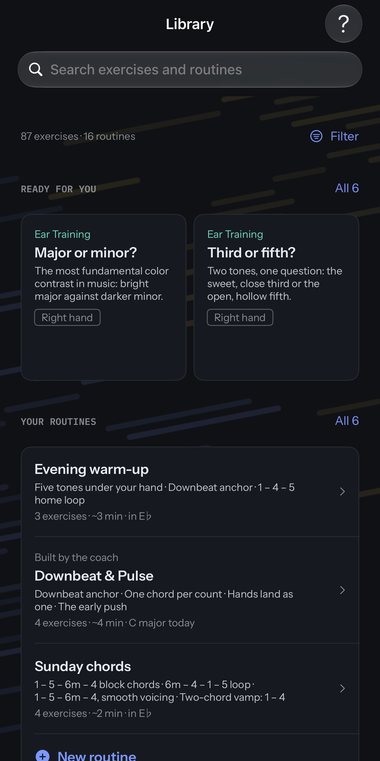 The exercise library on iPhone: a search field, 87 exercises and 16 routines, Ready for you with two ear-training sets, and Your routines with Evening warm-up, a routine built by the coach, and Sunday chords.