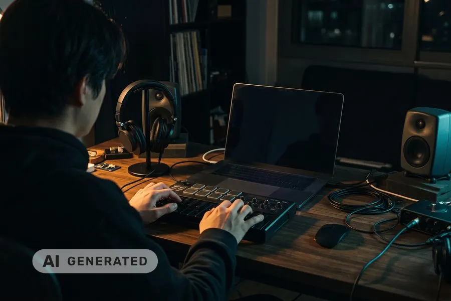 AI-generated illustration: a person seen from behind at a desk at night, both hands on a small MIDI keyboard in front of a laptop with a dark screen, headphones on a stand