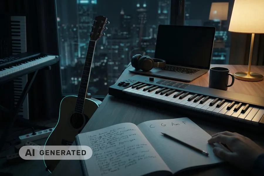 AI-generated illustration: a desk by a window at night, an acoustic guitar, a keyboard, and an open notebook with the chord letters C G Am F above handwritten lines