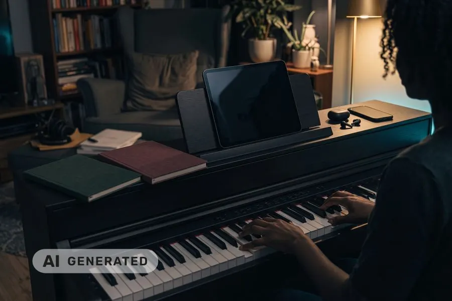 AI-generated illustration: a woman seen from behind at a digital piano in her living room at night, hands on the keys, a dark tablet on the music stand